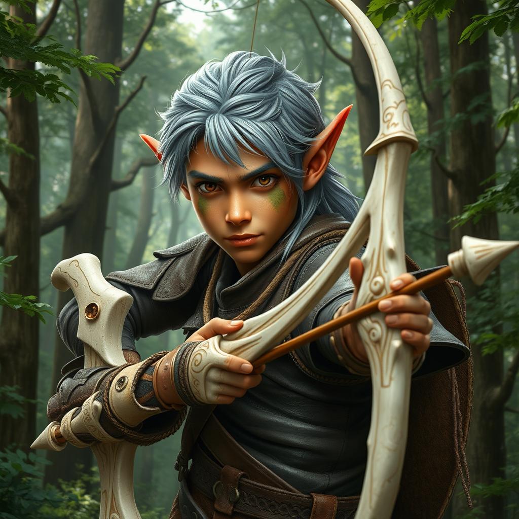 A robust young adult forest elf with silvery-gray hair and coppery skin that has green traces