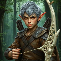 A robust young adult forest elf with silvery-gray hair and coppery skin that has green traces