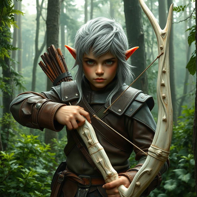 A robust young adult forest elf with silvery-gray hair and coppery skin that has green traces