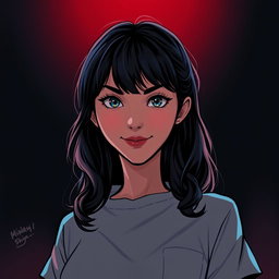 An illustration in webtoon or comic style featuring a woman from the shoulders up in a dark and tense atmosphere