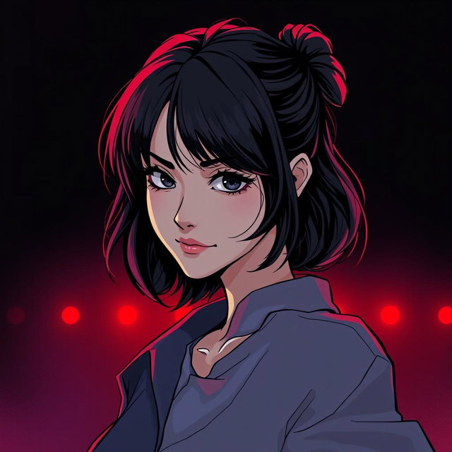 An illustration in webtoon or comic style featuring a woman from the shoulders up in a dark and tense atmosphere