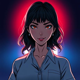 An illustration in webtoon or comic style featuring a woman from the shoulders up in a dark and tense atmosphere
