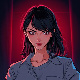 An illustration in webtoon or comic style featuring a woman from the shoulders up in a dark and tense atmosphere