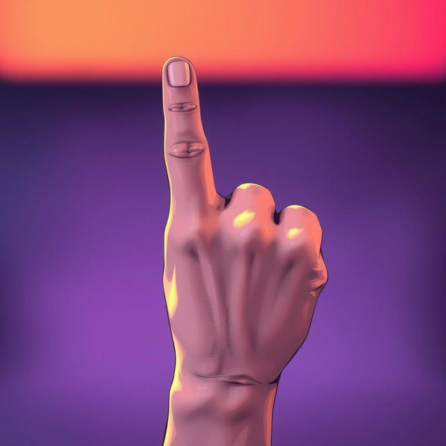 A close-up illustration focusing solely on a raised middle finger, emphasizing the hand's details such as the skin texture, fingernail shape, and lighting, creating a striking visual impact