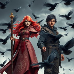 A stunning 3D artwork featuring a red-haired young adult female mage, her flowing attire richly detailed with intricate magical symbols