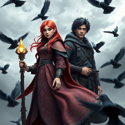 A stunning 3D artwork featuring a red-haired young adult female mage, her flowing attire richly detailed with intricate magical symbols