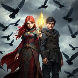 A stunning 3D artwork featuring a red-haired young adult female mage, her flowing attire richly detailed with intricate magical symbols