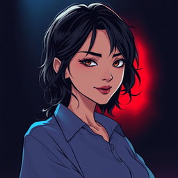 An illustration in webtoon or comic style featuring a woman from the shoulders up in a dark and tense atmosphere