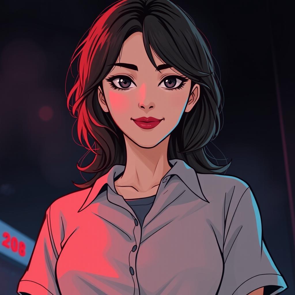 An illustration in webtoon or comic style featuring a woman from the shoulders up in a dark and tense atmosphere