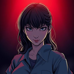 An illustration in webtoon or comic style featuring a woman from the shoulders up in a dark and tense atmosphere