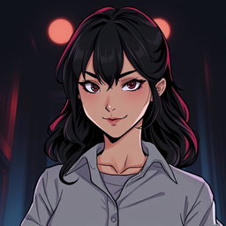 An illustration in webtoon or comic style featuring a woman from the shoulders up in a dark and tense atmosphere