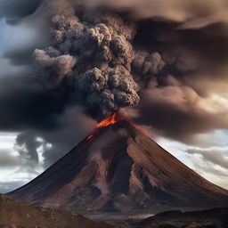 An imposing volcano, colossal in size, with smoke billowing from its peak set against a dramatic sky