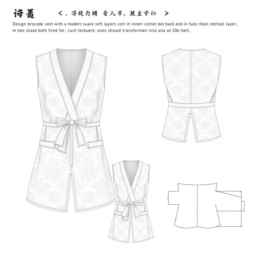 Design a women's vest with a luxurious brocade outer layer and a soft rayon cotton inner layer
