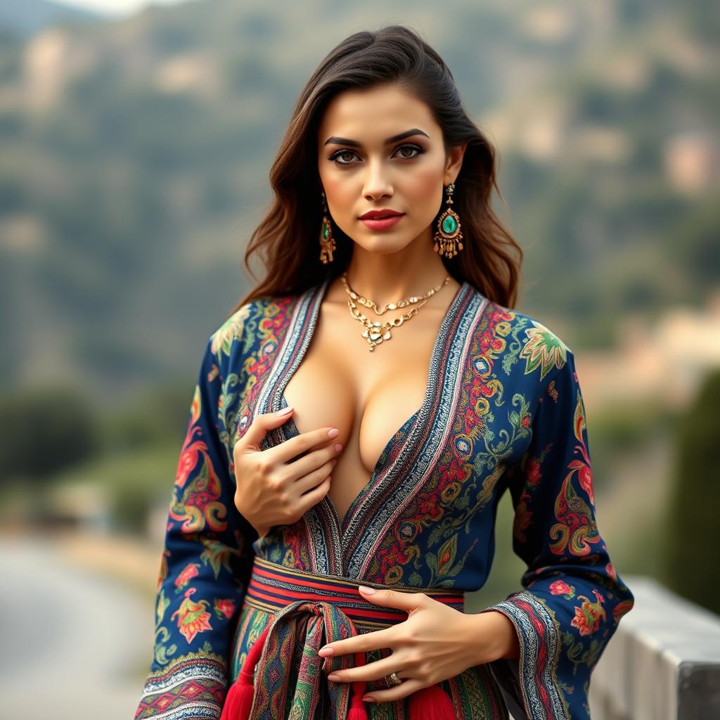 A full-body portrait of a 25-year-old Italian fashion model with a thin, fit body and big perky breasts