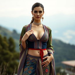 A full-body portrait of a 25-year-old Italian fashion model with a thin, fit body and big perky breasts