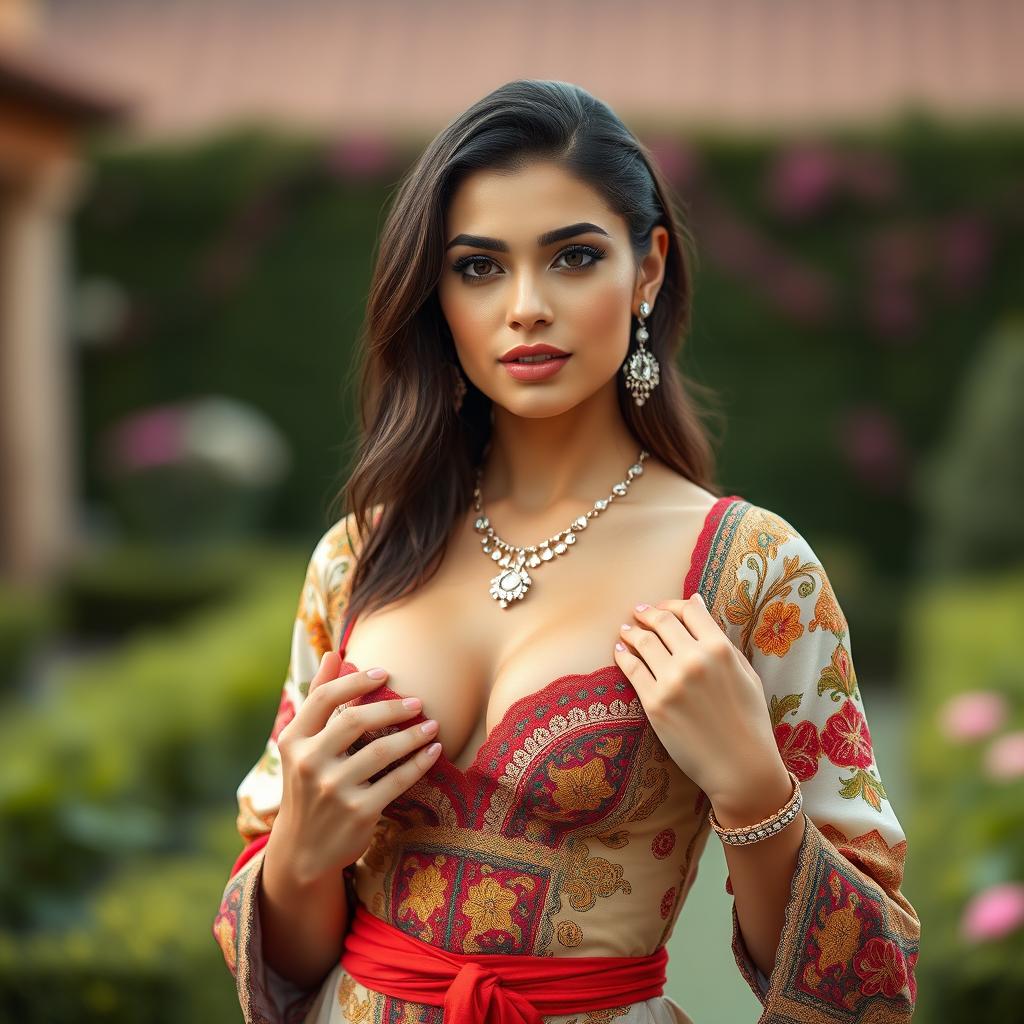 A full-body portrait of a 25-year-old Italian fashion model with a thin, fit body and big perky breasts