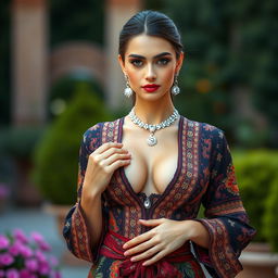 A full-body portrait of a 25-year-old Italian fashion model with a thin, fit body and big perky breasts