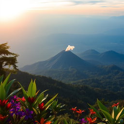 A stunning view of Gunung Merapi, an active volcano in Java, Indonesia, surrounded by lush green forests and a clear blue sky