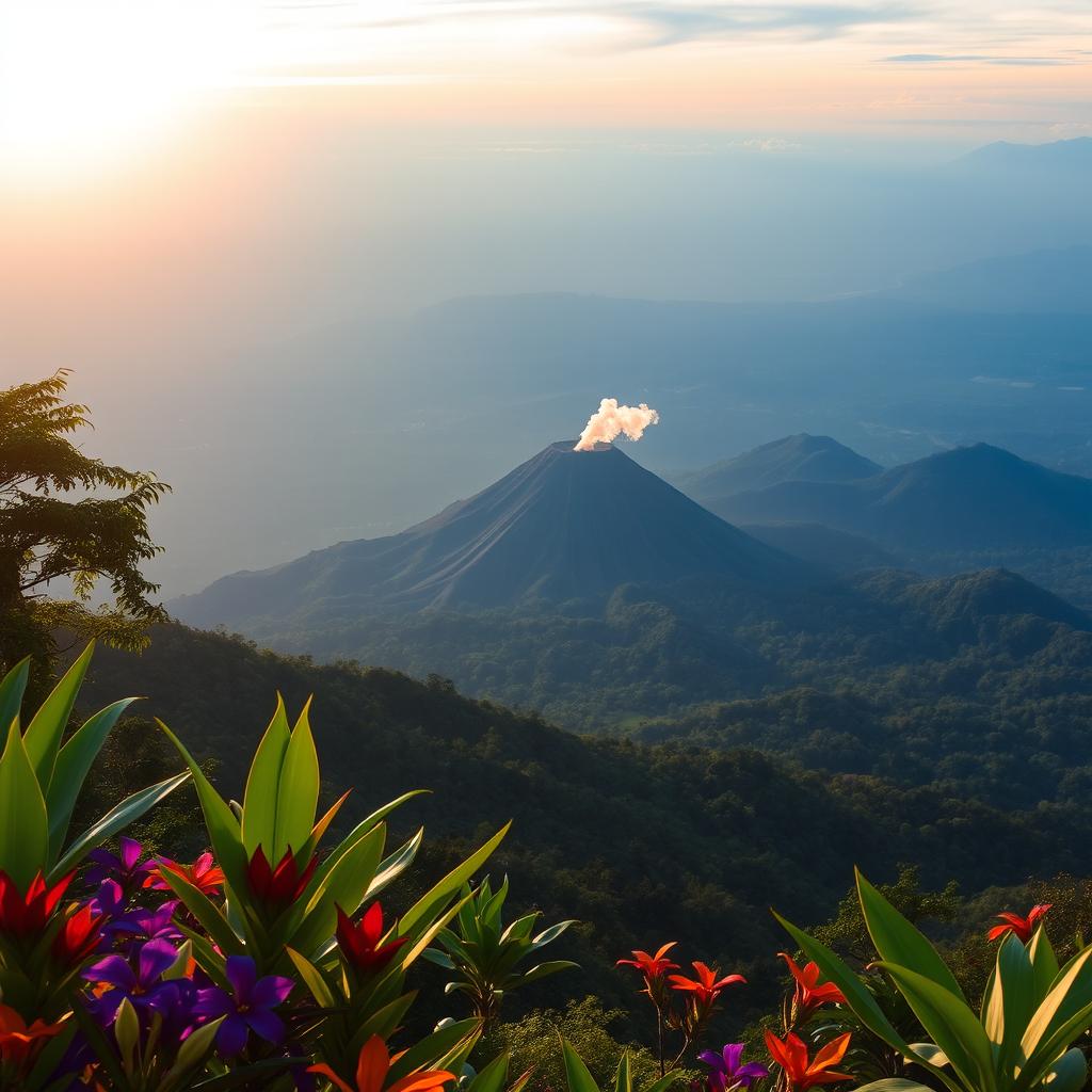 A stunning view of Gunung Merapi, an active volcano in Java, Indonesia, surrounded by lush green forests and a clear blue sky