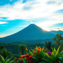 A stunning view of Gunung Merapi, an active volcano in Java, Indonesia, surrounded by lush green forests and a clear blue sky