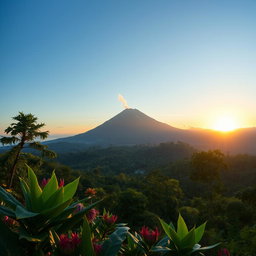 A stunning view of Gunung Merapi, an active volcano in Java, Indonesia, surrounded by lush green forests and a clear blue sky