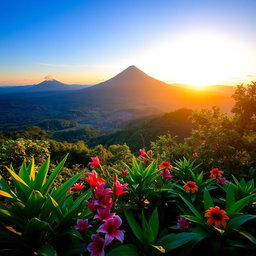 A stunning view of Gunung Merapi, an active volcano in Java, Indonesia, surrounded by lush green forests and a clear blue sky