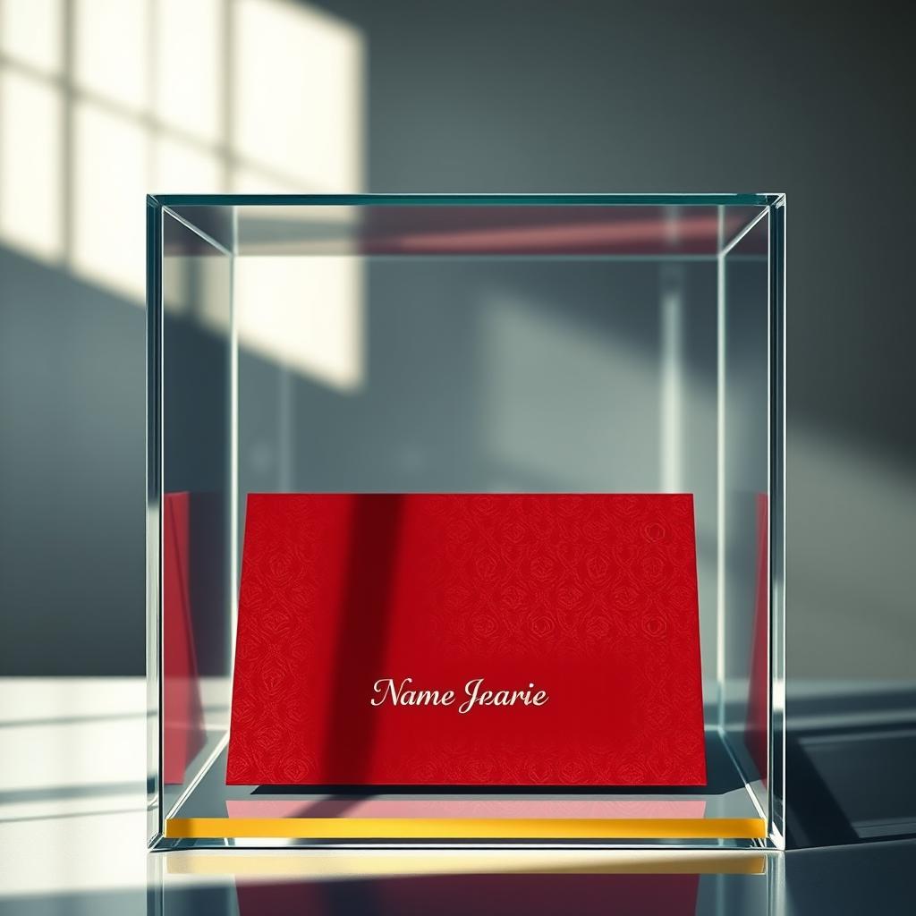 A sleek glass box enclosing a maroon board, positioned elegantly within a well-lit environment