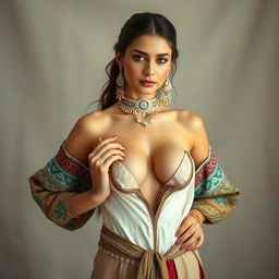 A full-body portrait of a 25-year-old Italian fashion model with a thin, fit body and big perky breasts, wearing a traditional outfit that showcases deep cleavage