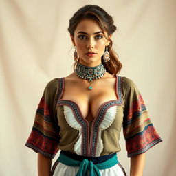 A full-body portrait of a 25-year-old Italian fashion model with a thin, fit body and big perky breasts, wearing a traditional outfit that showcases deep cleavage
