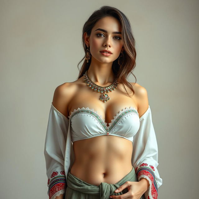 A full-body portrait of a 25-year-old Italian fashion model with a thin, fit body and big perky breasts, wearing a traditional outfit that showcases deep cleavage