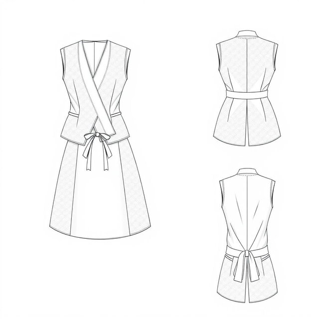 A fashion design illustration of a women's vest with intricate details: featuring an outer layer made of luxurious brocade fabric and a soft inner layer of rayon cotton