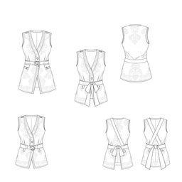 A fashion design illustration of a women's vest with intricate details: featuring an outer layer made of luxurious brocade fabric and a soft inner layer of rayon cotton