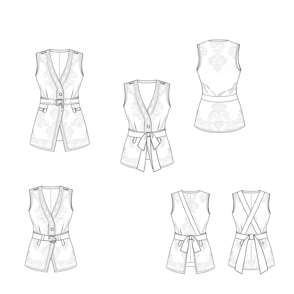 A fashion design illustration of a women's vest with intricate details: featuring an outer layer made of luxurious brocade fabric and a soft inner layer of rayon cotton
