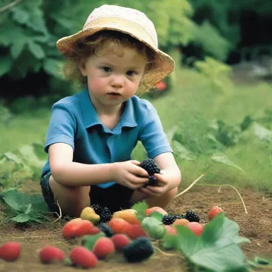 In the movie, the character picks a blackberry from an aggregate fruit patch in the garden.