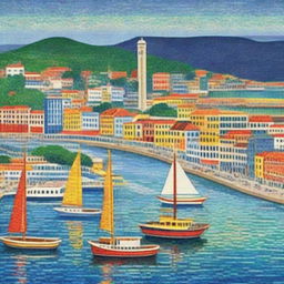 Artwork in the style of Paul Signac. Pointillist cityscape titled 'Ports of Wellington', depicting the vibrant and bustling port city of Wellington, New Zealand in bright, mosaic-like colors.