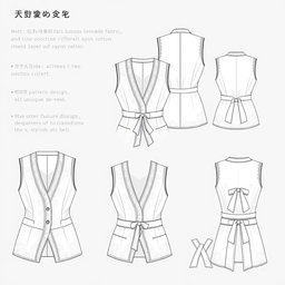 A fashion design illustration of a women's vest with intricate details: featuring an outer layer made of luxurious brocade fabric and a soft inner layer of rayon cotton