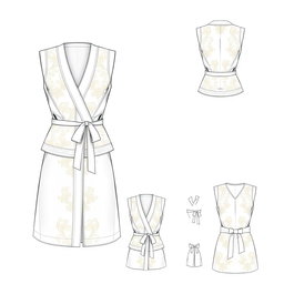 A fashion design illustration of a women's vest with intricate details: featuring an outer layer made of luxurious brocade fabric and a soft inner layer of rayon cotton