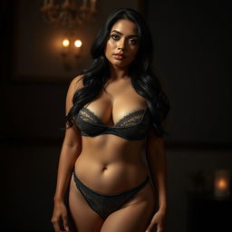 A beautiful 28-year-old Indonesian woman stands confidently, showcasing her sturdy and curvy body with plump breasts and a bit of softness