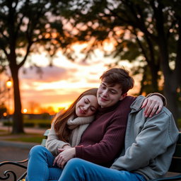 A tender and wholesome scene of a couple sitting together on a park bench during a beautiful sunset