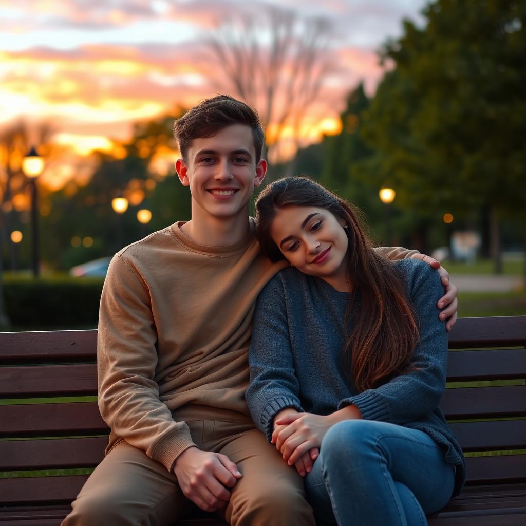 A tender and wholesome scene of a couple sitting together on a park bench during a beautiful sunset