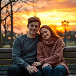 A tender and wholesome scene of a couple sitting together on a park bench during a beautiful sunset