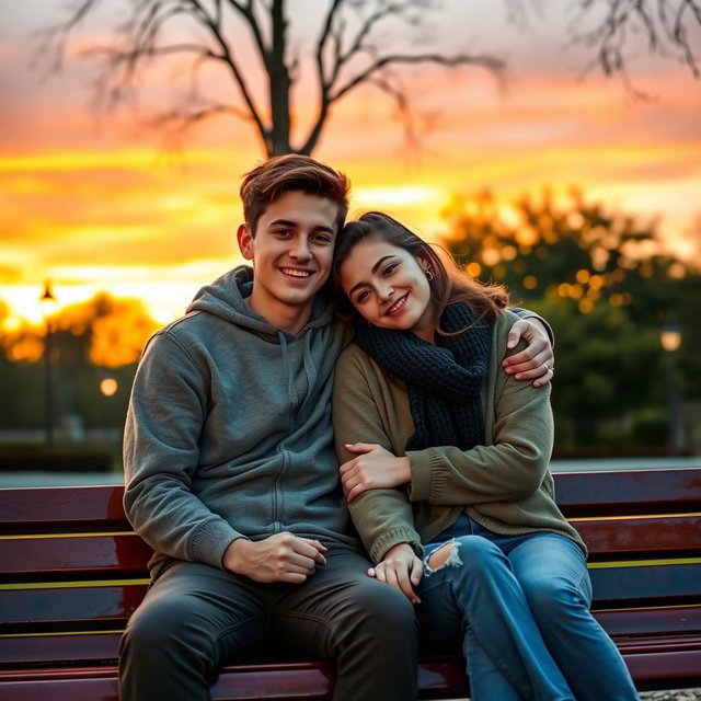 A tender and wholesome scene of a couple sitting together on a park bench during a beautiful sunset
