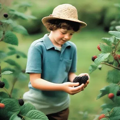 In the movie, the character picks a blackberry from an aggregate fruit patch in the garden.