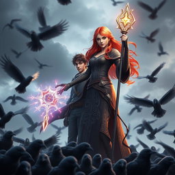 A captivating 3D artwork depicting a red-haired young adult female mage, elegantly attired in intricately designed robes that shimmer with mystical energy