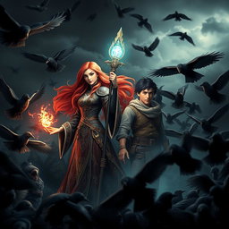 A captivating 3D artwork depicting a red-haired young adult female mage, elegantly attired in intricately designed robes that shimmer with mystical energy