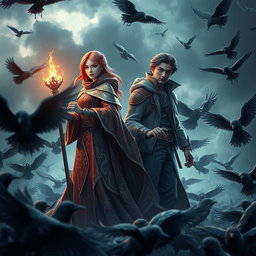 A captivating 3D artwork depicting a red-haired young adult female mage, elegantly attired in intricately designed robes that shimmer with mystical energy