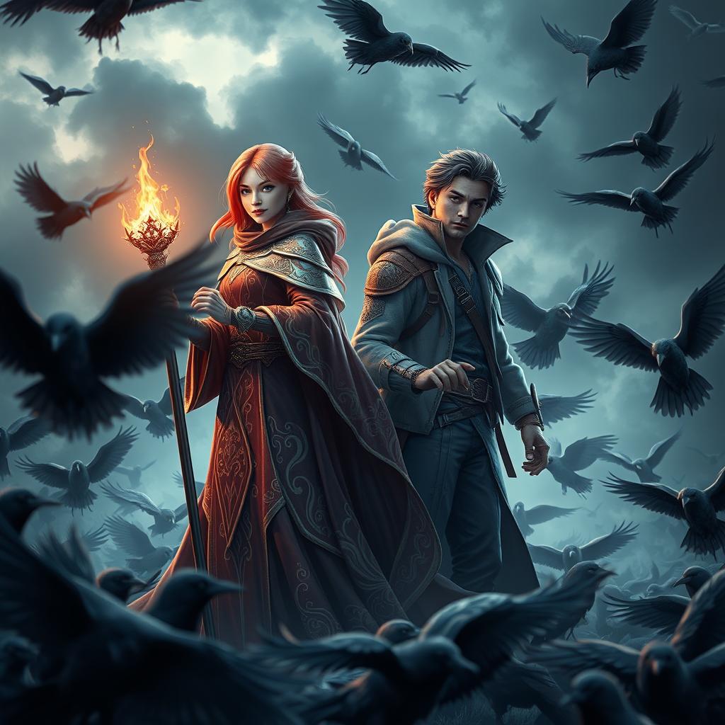 A captivating 3D artwork depicting a red-haired young adult female mage, elegantly attired in intricately designed robes that shimmer with mystical energy