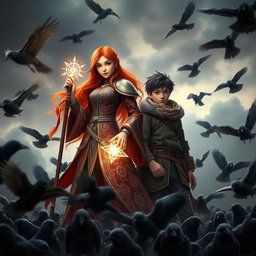 A captivating 3D artwork depicting a red-haired young adult female mage, elegantly attired in intricately designed robes that shimmer with mystical energy