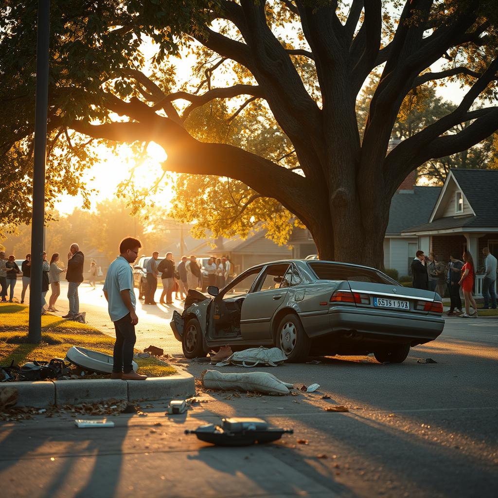 A serene and emotionally charged scene depicting a car accident aftermath, showcasing a damaged vehicle gently resting against a tree