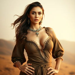 Full-body portrait of a 25-year-old Italian fashion model with a thin, fit body and big perky breasts, wearing a traditional Italian outfit that showcases deep cleavage